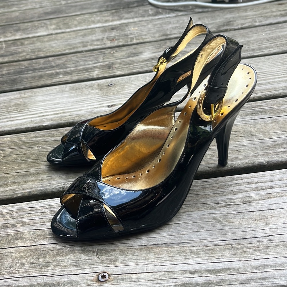 BCBGirls Black Patent Slingback Peep-Toe Heels